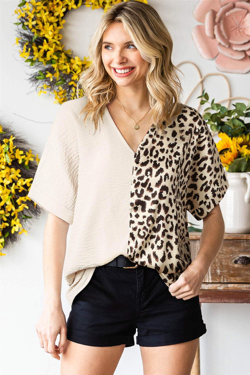 Khaki Kontrast Leopard Color Block Bluse