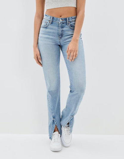 Pantalones rectos divididos Commuter Jeans lavados elásticos de moda para mujer