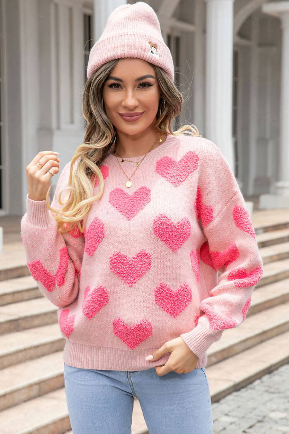 Suéter de punto jacquard con corazones en rosa claro para San Valentín