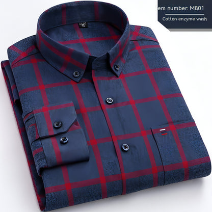 Retro Casual Brushed Cotton Plaid Enzyme Wash Embroidered DressShirt Men