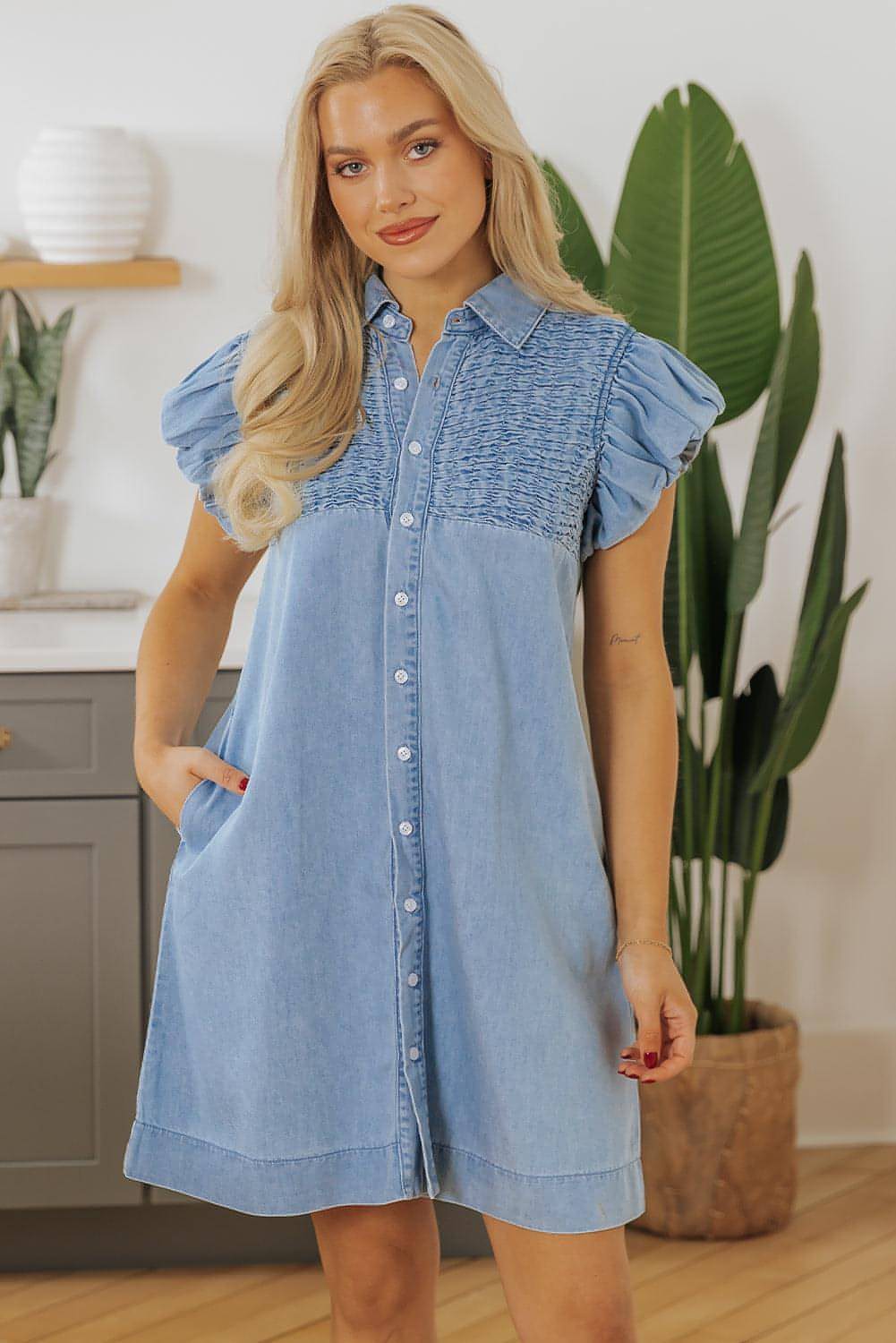 Beau Blue Flutter Sleeve Shirred Detail Button Up farmer mini ruha