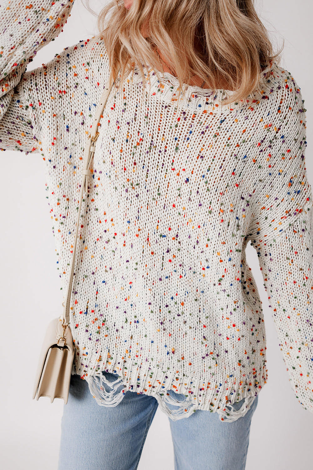 White Colorful Confetti Distressed Knit Sweater