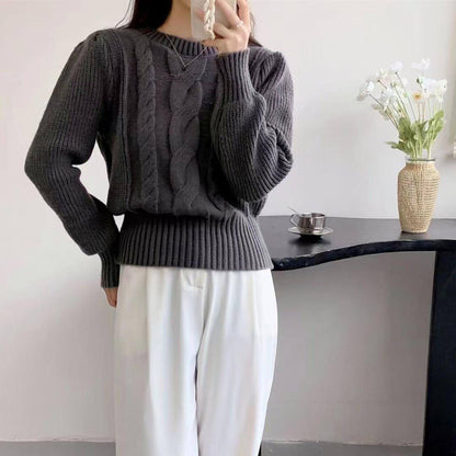 Round Neck Lantern Sleeve Cable-knit Sweater