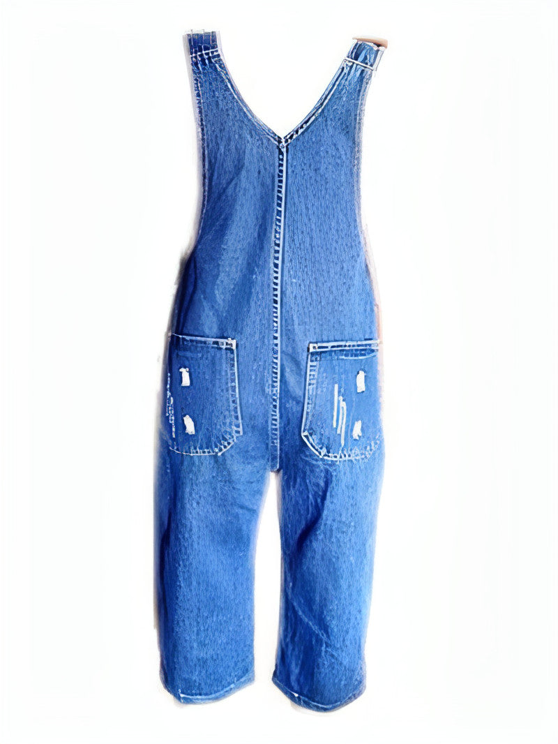 Shredded denim jumpsuit overalls