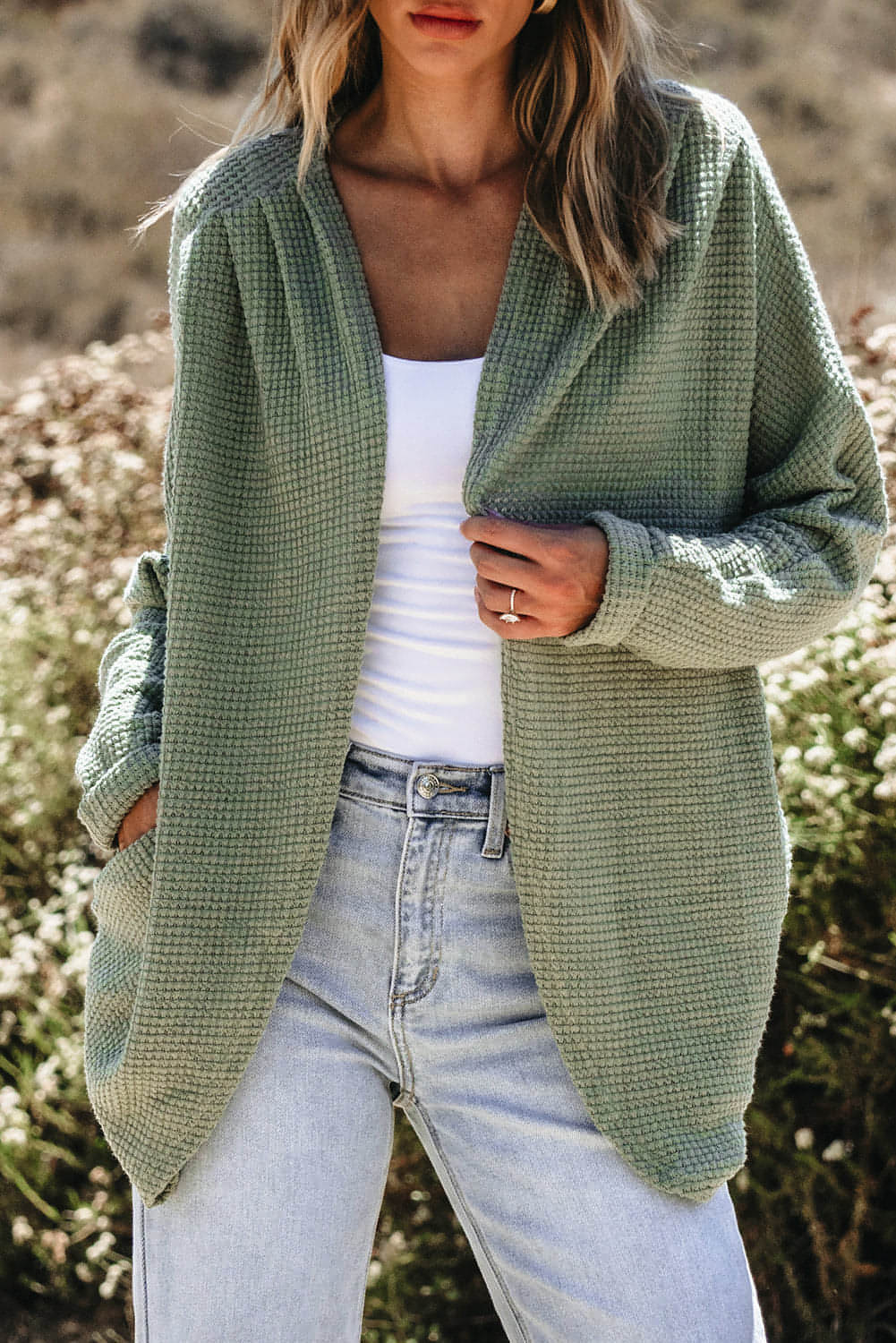 Laurel Green Waffle Like Open Front Cardigan