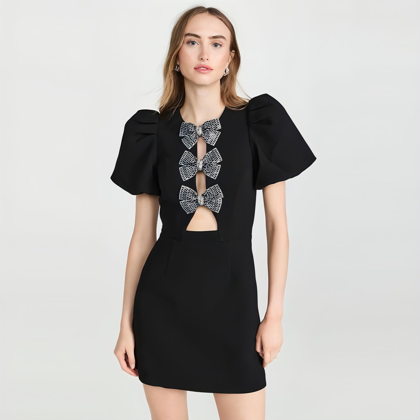 A1. Tube Top Three Bowknot Connection Hollowed Fashion Puff Sleeve Sheath Bandage One-piece Dress