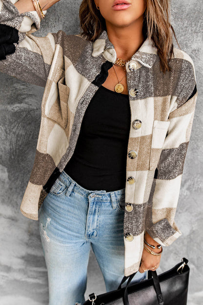 Khaki Plaid Color Block Buttoned Long Sleeve Jacke mit Tasche