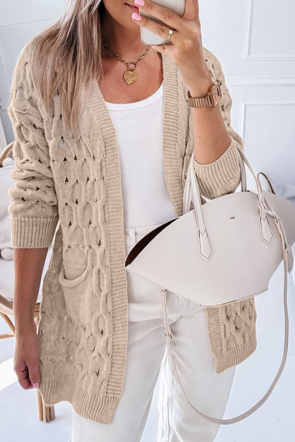 Cardigan ampio con tasche laterali con occhielli in maglia a trecce Jet Stream