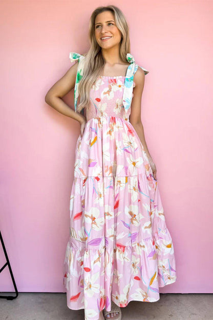 Rosa Floral Print Knotted Shoulder Smocked Maxi Dress