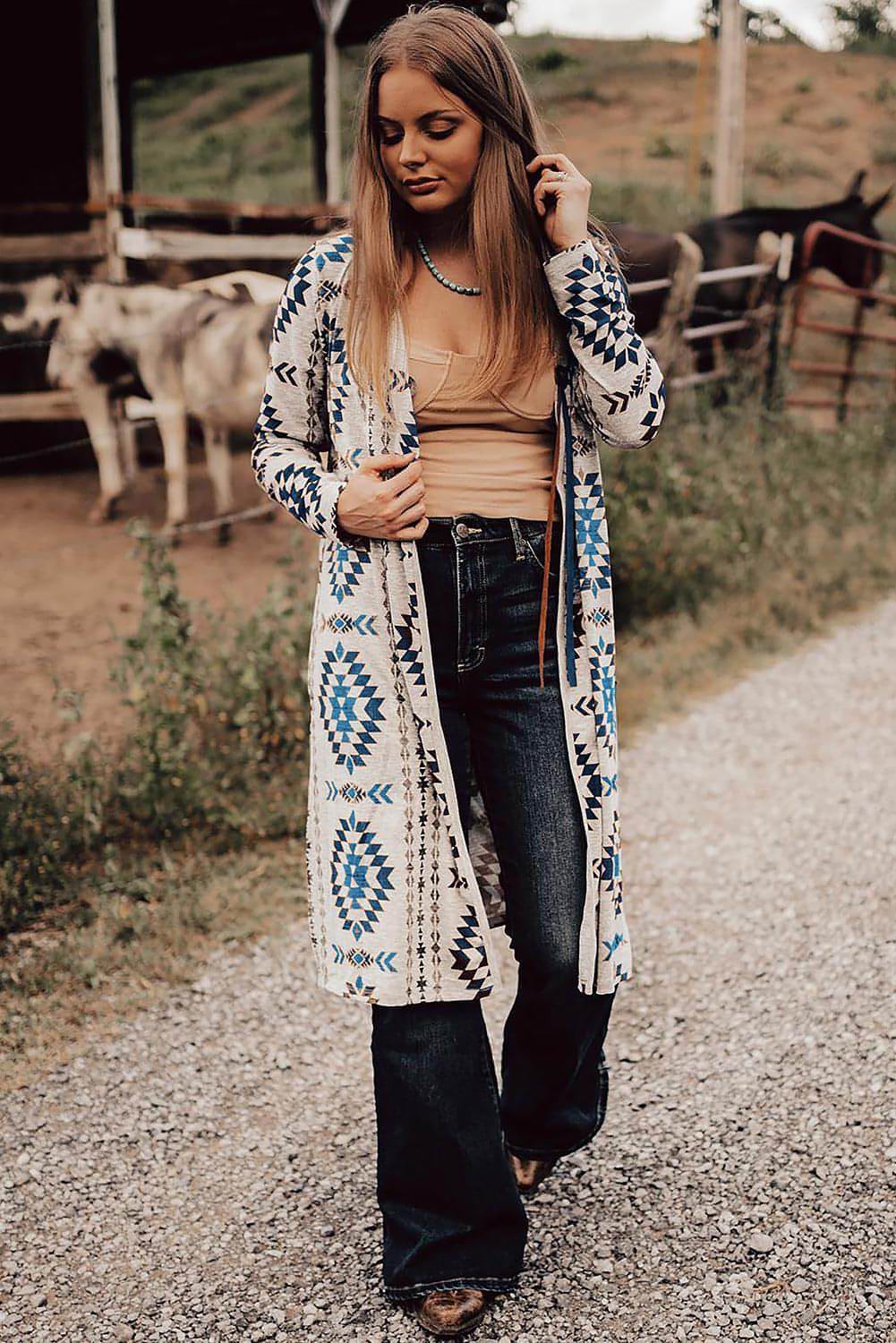 Sky Blue Western Aztec Natisnjen odprt spredaj dolgi kardigan