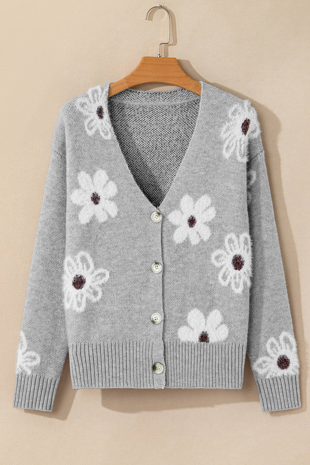 Cardigan con bottoni lavorato a maglia con stampa floreale grigio chiaro e scollo a V