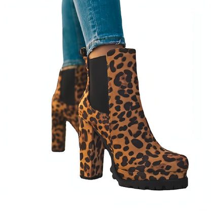 Round-toe Ankle Boots Solid Leopard Print