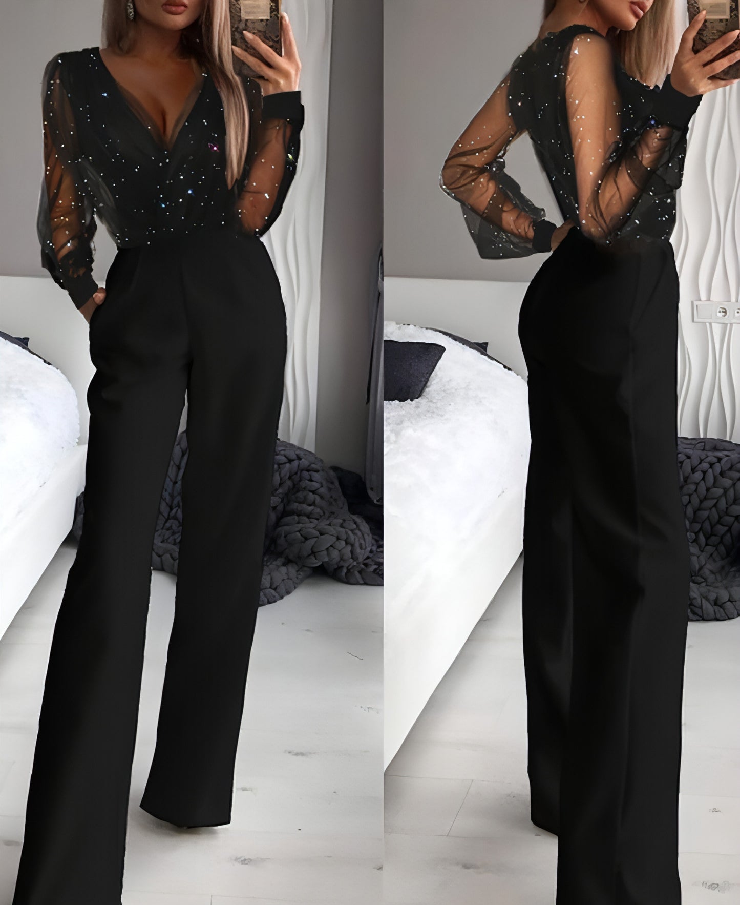 Trendy Glänzender Mesh-Stoffstaubpuder-Nähte High-End Eleganter Jumpsuit