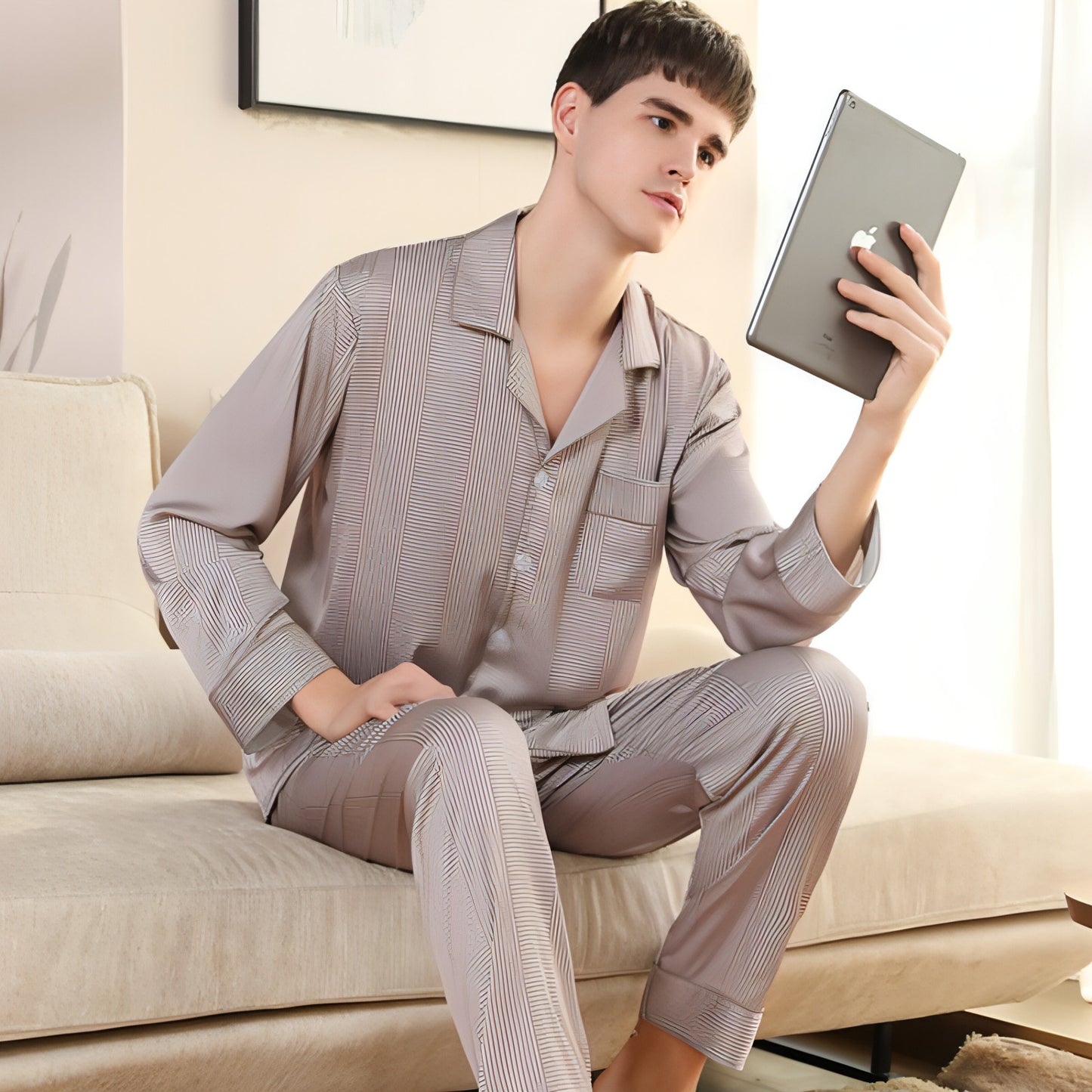 Men's Pajamas Silk Spring Long Sleeve Home Wear