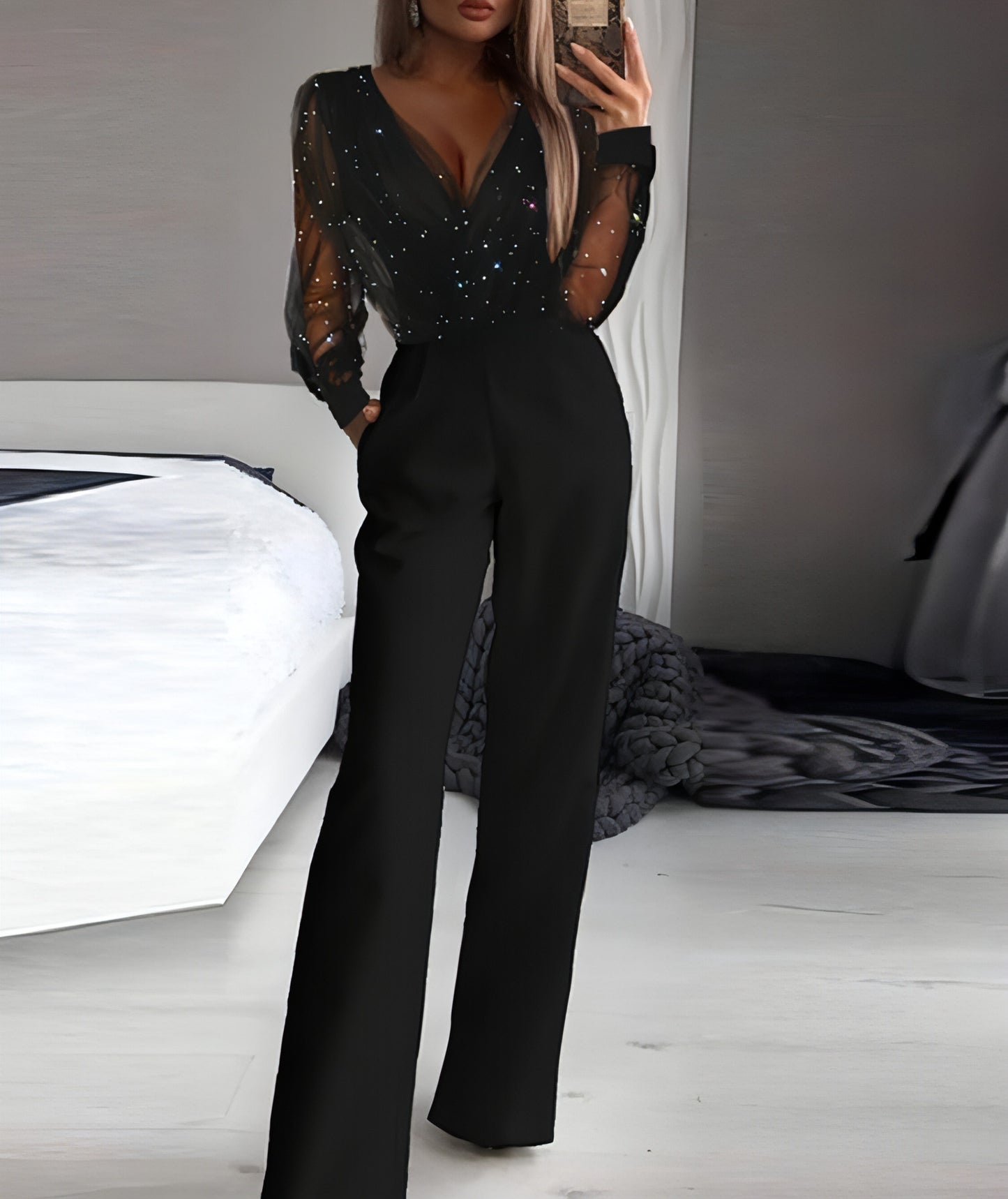 Trendy Glänzender Mesh-Stoffstaubpuder-Nähte High-End Eleganter Jumpsuit