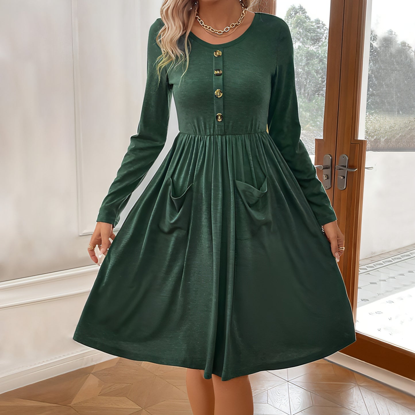 Waist-tight Round Neck Button Pocket Knitted Long-sleeved Dress