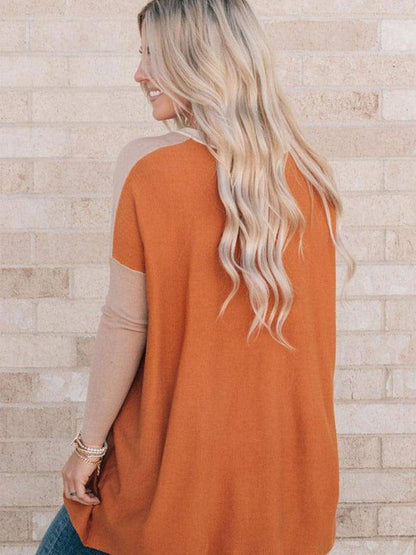 Women's Orange Pocket Color Matching Long-sleeved Top T-shirt