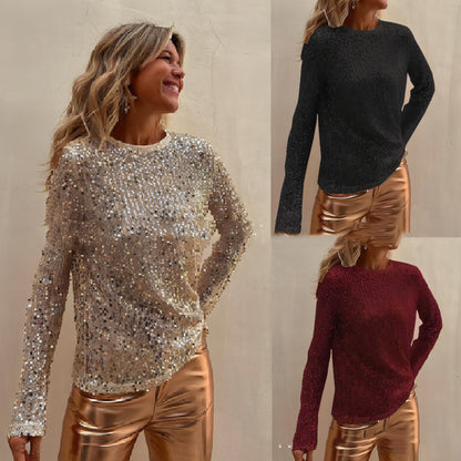 Sequined Mesh Long Sleeve T-Shirt Women