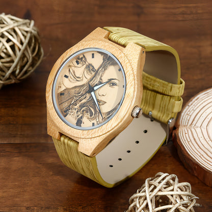 Engraved Bamboo Photo Watch Wooden Leather Strap 40mm