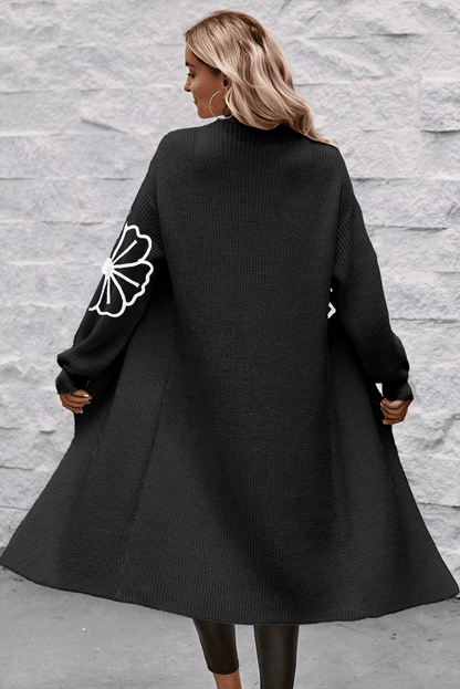 Schwarze Blume bestickte Drop Schulter offen vordere Staubwinge Cardigan