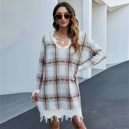 A1. Lazy Style Long Sleeve Pullover Sweater Plaid Base Knitting Dress