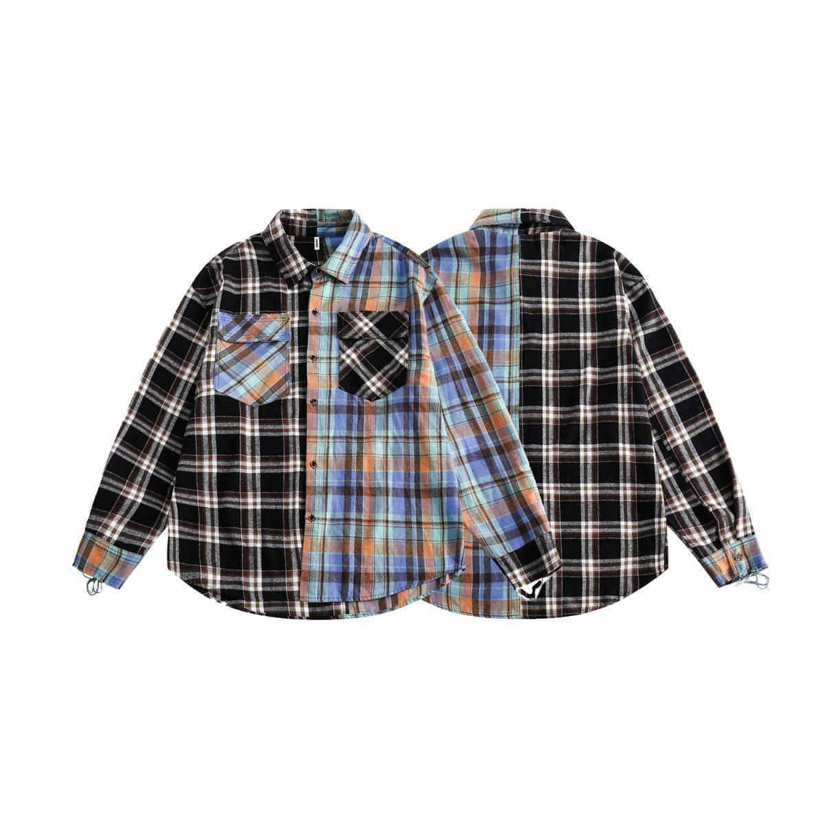 Japanese Trendy Spliced Plaid Blouse DressShirt CS51