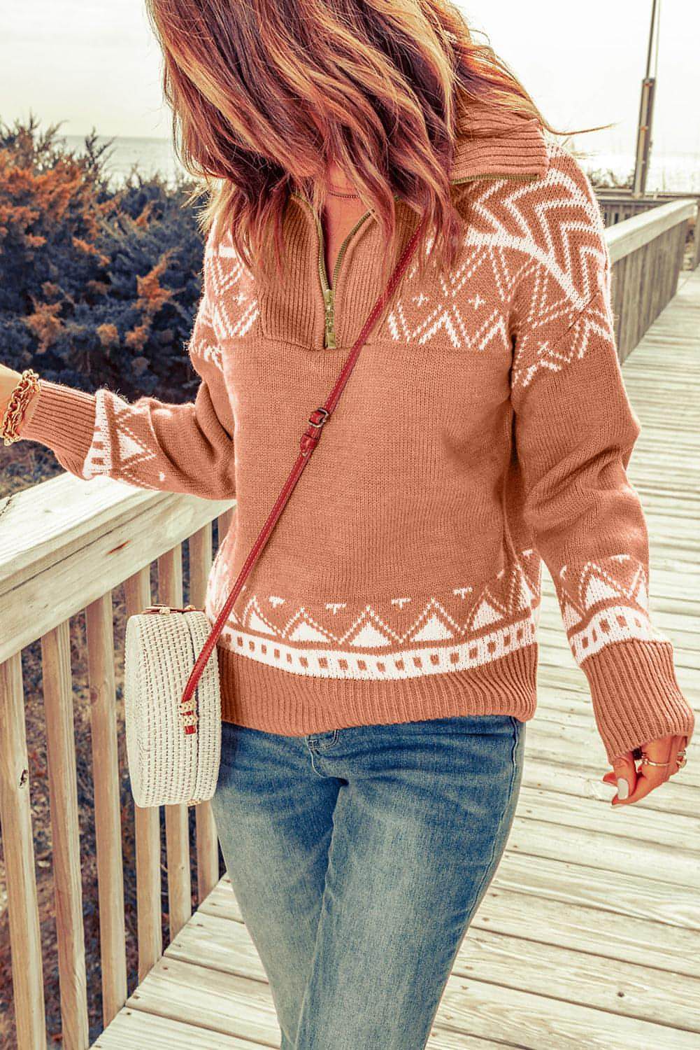 Pink Geometry Knit Quarter Zip Genser