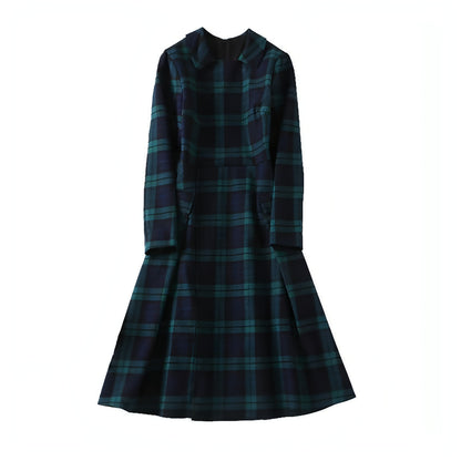 A1. Royal English Lapel Long Sleeve Plaid Waist Dress