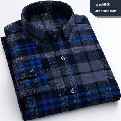 Cotton Long-sleeved DressShirt Plaid Business Slim Fit