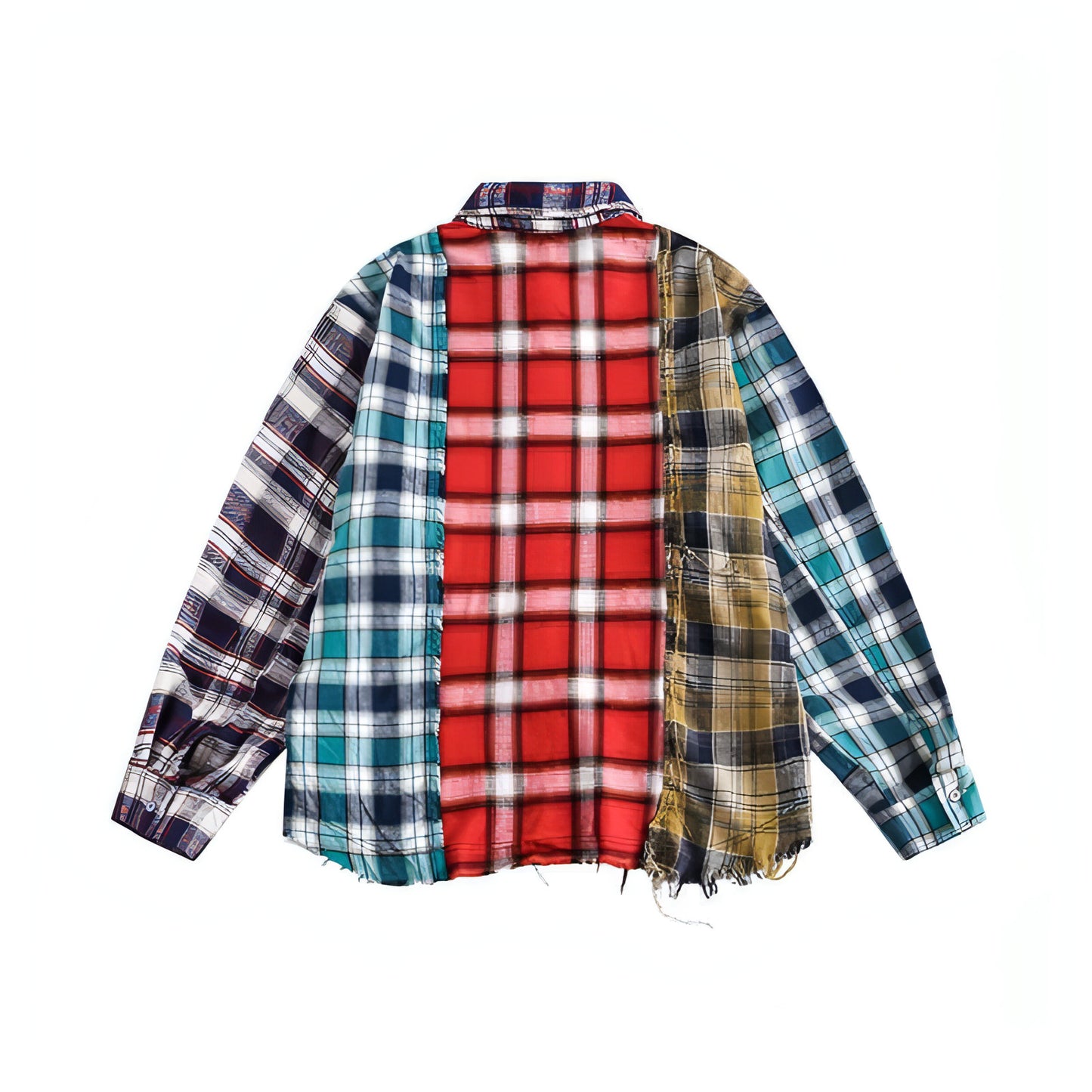 Multi-color Mosaic Plaid Fringed Hem Long Sleeve DressShirt Men