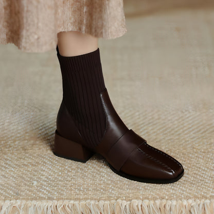 Large Brown Square Toe Mid-heel Soft Leather Shoes