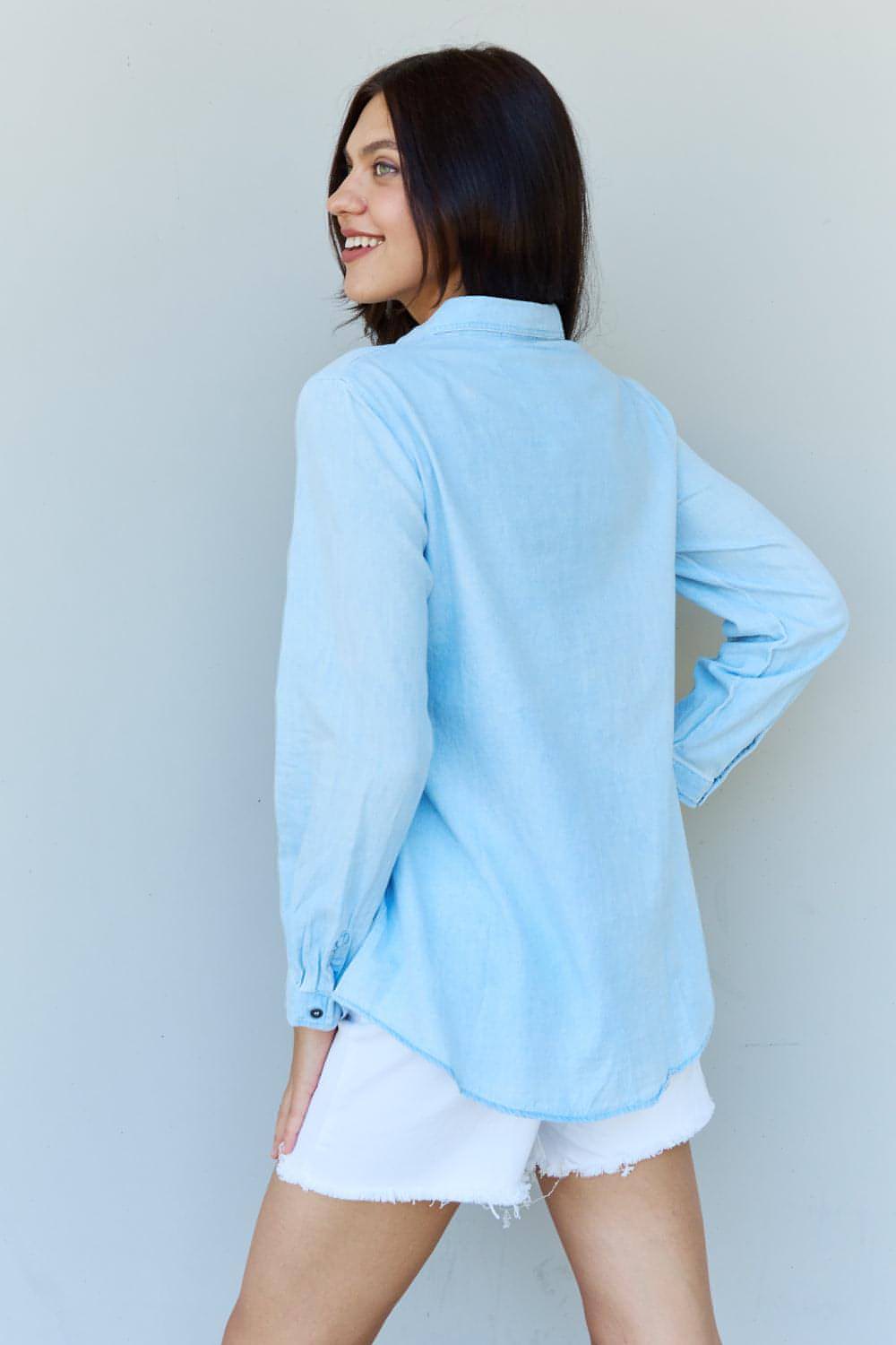 Doublju Blue  Baby Denim Button Down Shirt Top in Light Blue