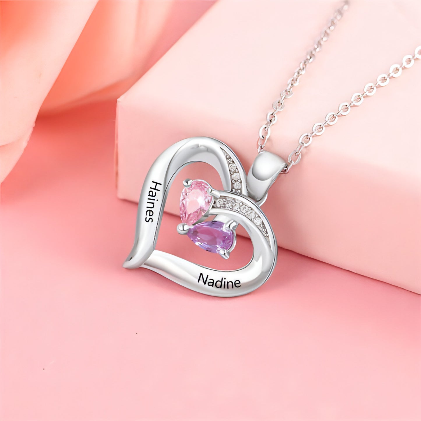 Personalized Heart-Shaped Gemstone Necklace – Custom Engraved Pendant