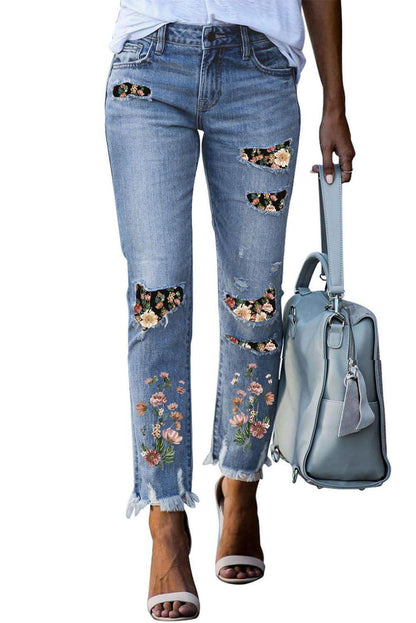 Sky blauw bedrukte patch gescheurde skinny jeans