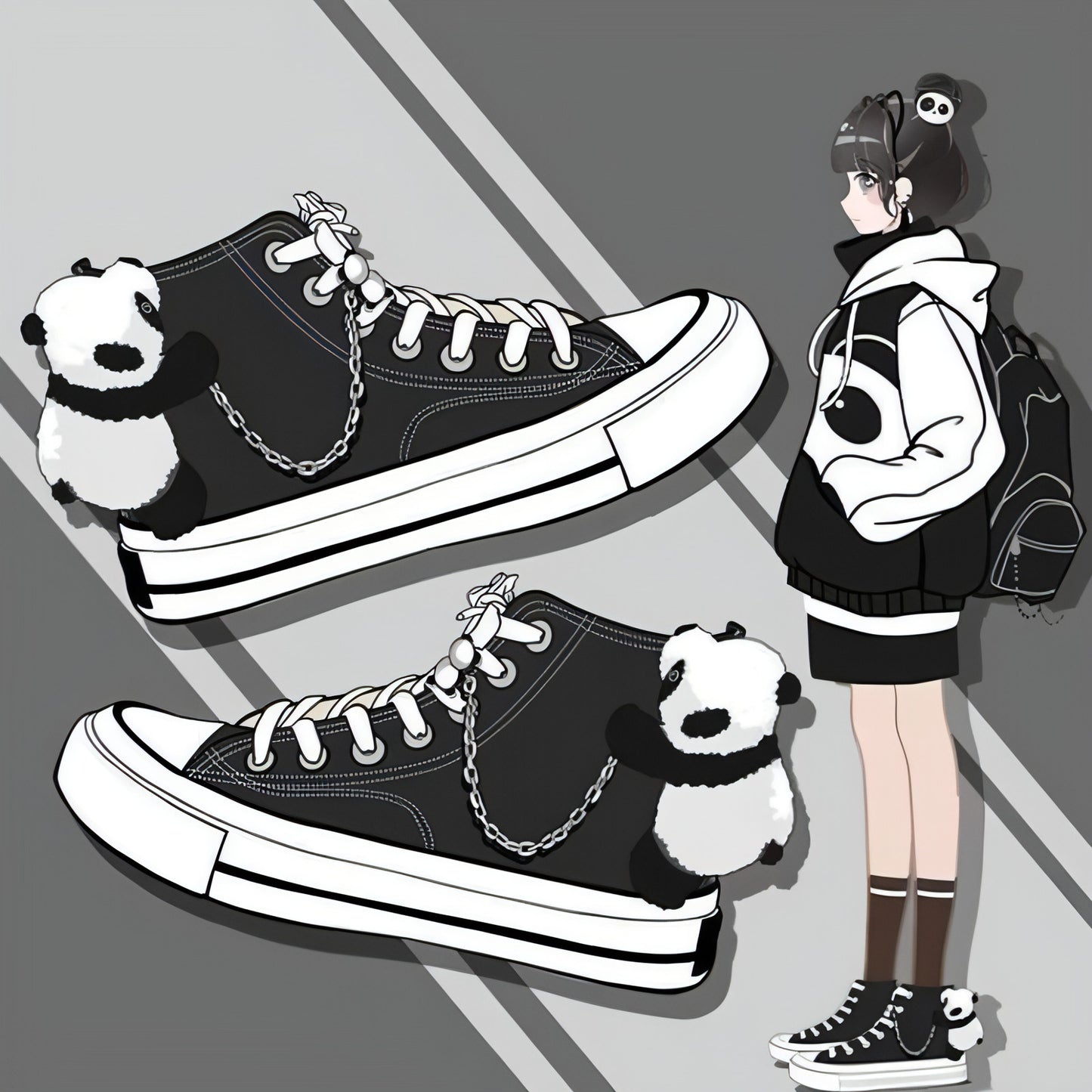 Z. New Cute Panda Canvas Shoes High Top Casual