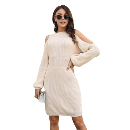 Lantern Sleeve Woolen Skirt Female Waist Trimming Loose Knitted Dress