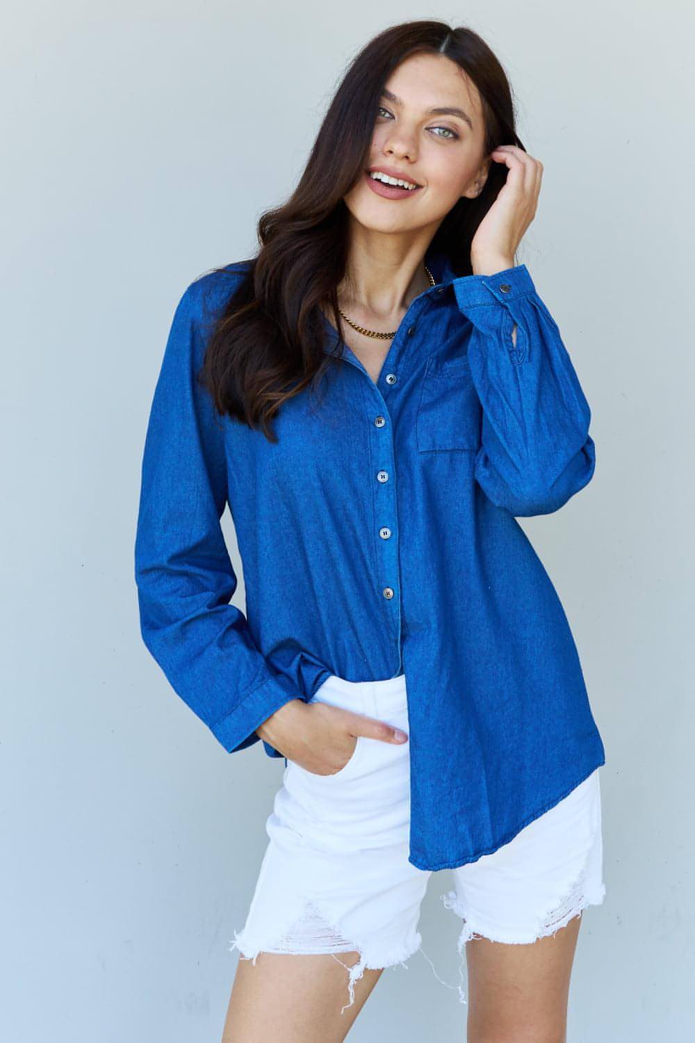 Doublju Blue Baby Denim Button-Down-Hemdoberteil in Dunkelblau