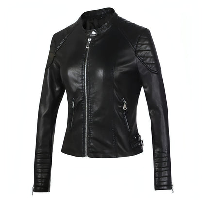 Standing Collar Motorcycle Pu Slim Leather Jacket Women Short