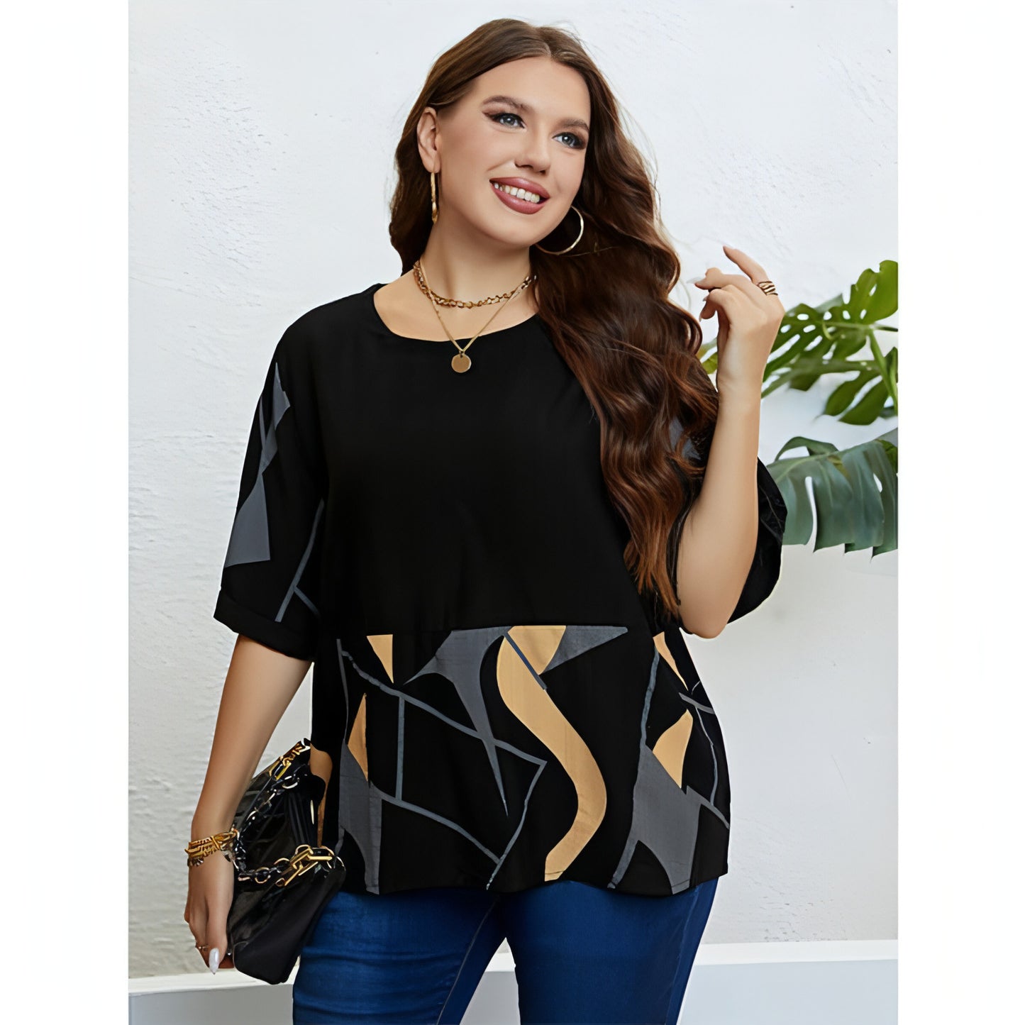 Round Neck Art Printed Top Loose Casual Women T-shirt