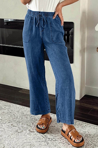 Pantalon en denim droit ample avec cordon de serrage et lavage minéral bleu voile