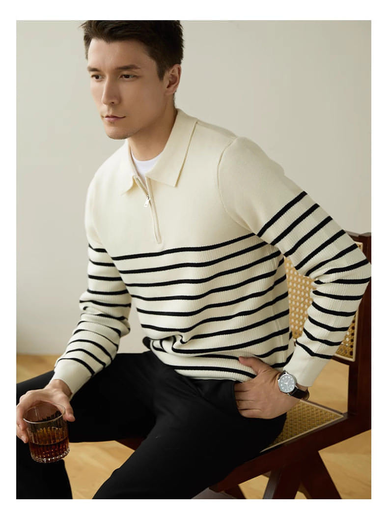 Men's Spring And Autumn New Half Zipper Striped Business Casual Sweater