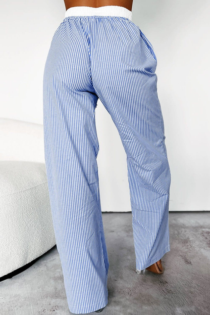 Sky Blue Stripe Wide Leg -knäppta spetsar upp elastiska höga midjbyxor