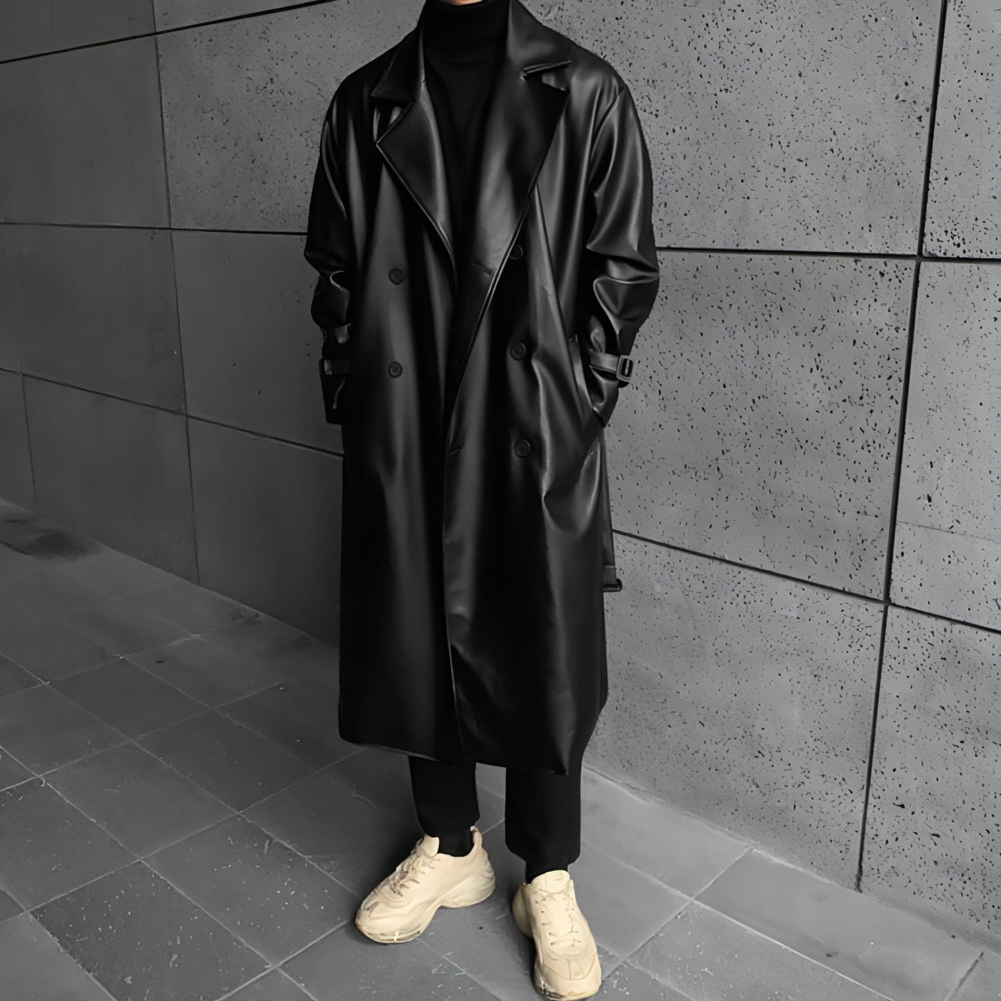 Men's Mid-length Double-breasted Leather Trench Coat