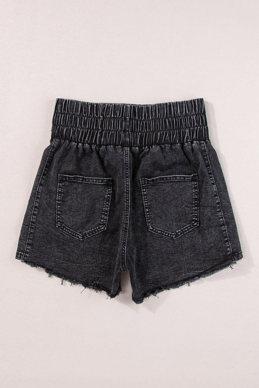 Black Smocked High Waist Mineral Washed Jean Shorts