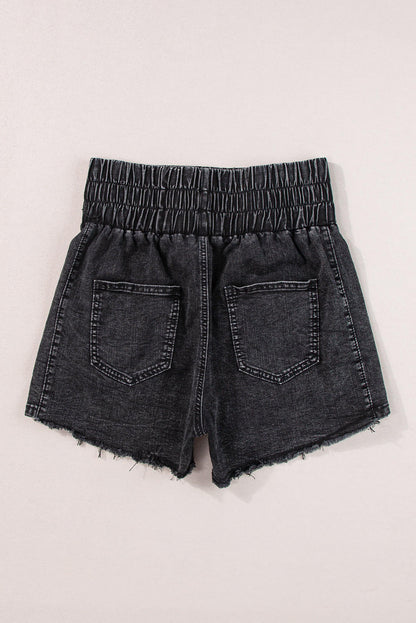 Black Smocked High Waist Mineral Washed Jean Shorts