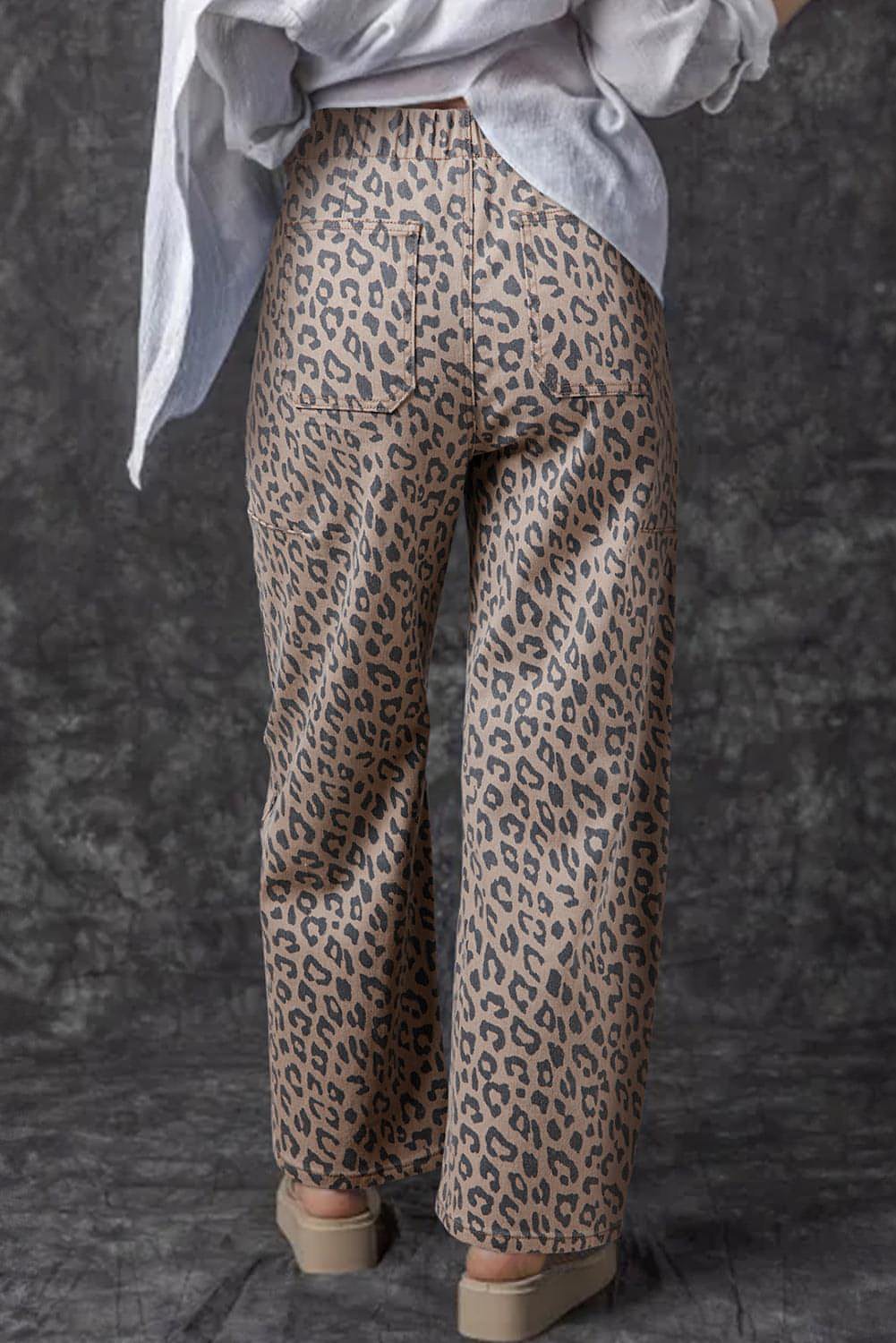 Khaki Leopard tryckt dragstring midja fick breda ben jeans