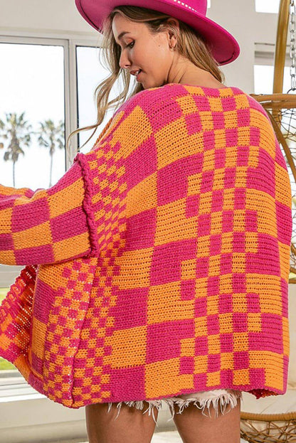 Cardigan en tricot multicolore à motif à carreaux mélangés ouvert sur le devant