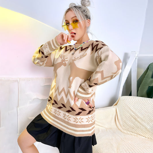 Round Neck Pullover Elk Style Women's Knitted Sweater Women