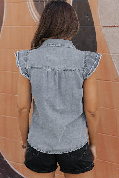 Camicia di denim con manica a volant sfacciata blu beau