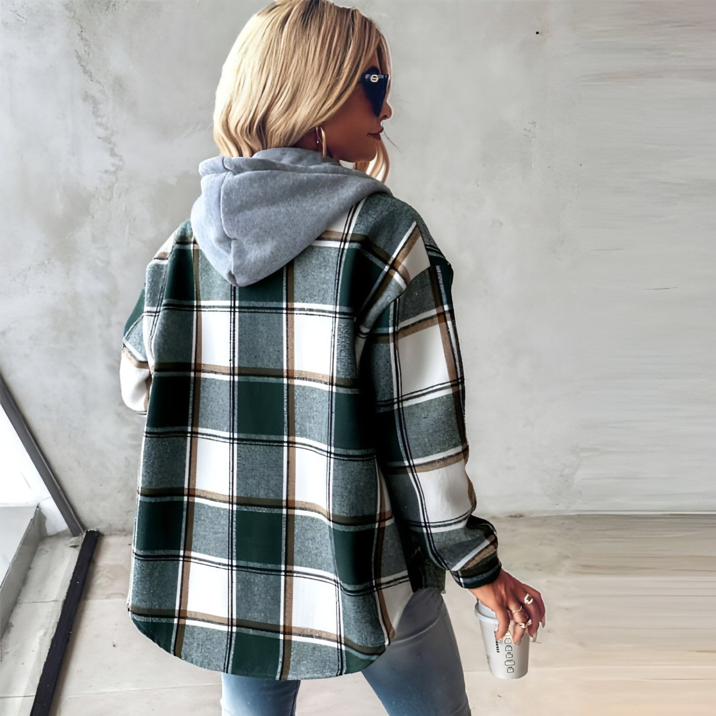 Women's Wear Solid Color Plaid Hooded Jacket